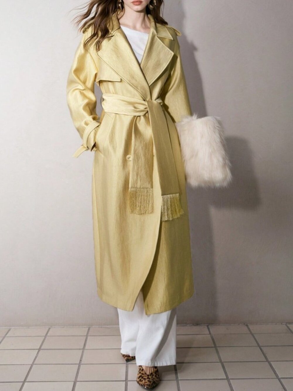 Gold Metallic Fringe Sash Belted Midi Trench Coat